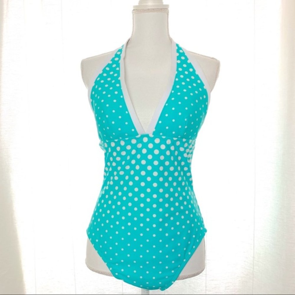 La Blanca Blue and White One Piece Swimsuit Halter Style